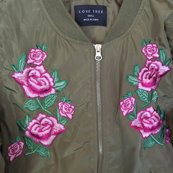 Love Tree Olive Green Floral Embroidered Bomber Jacket - Picture 6 of 16